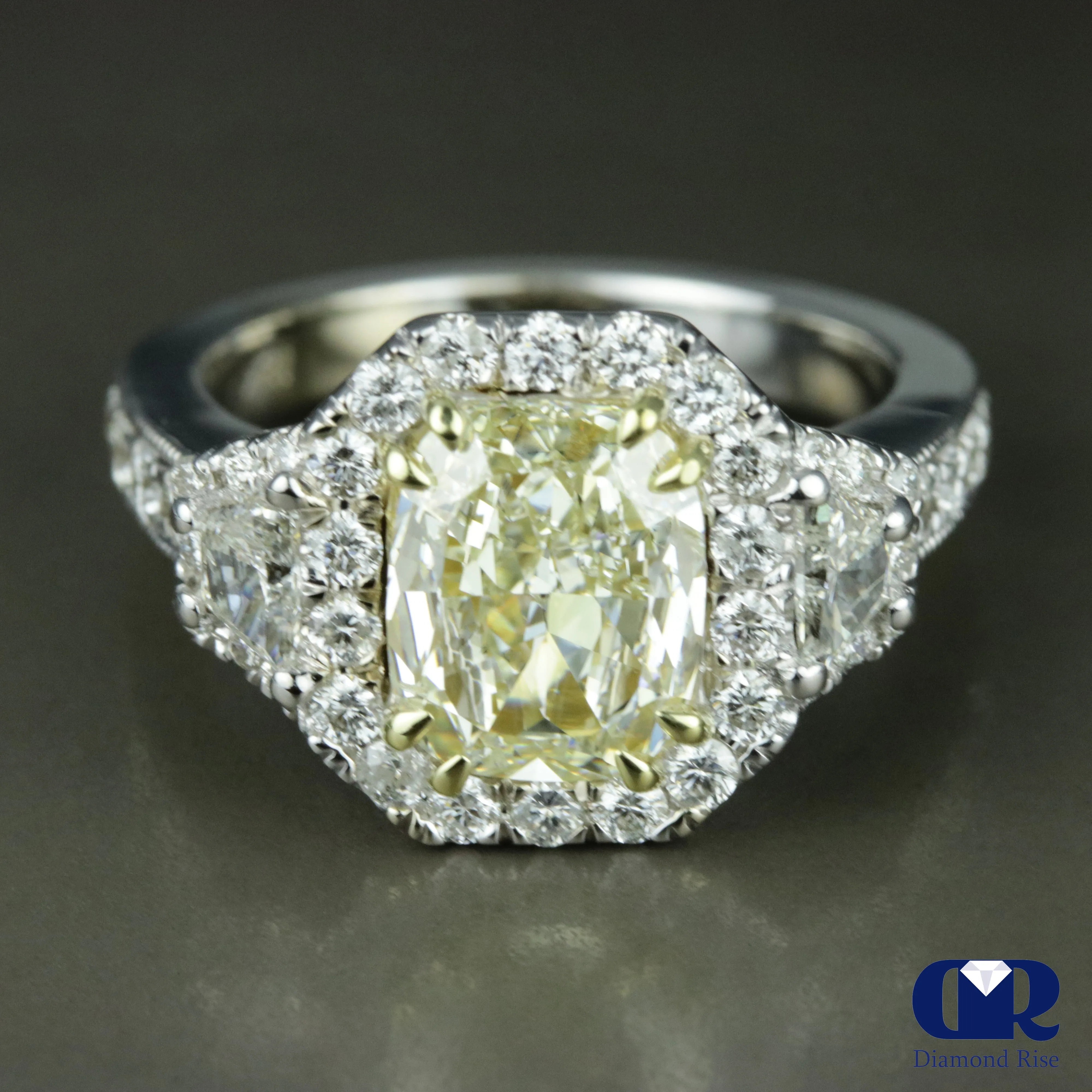 Natural 3.22 Carat Fancy Yellow Radiant Cut Halo Engagement Ring In 18K White Gold