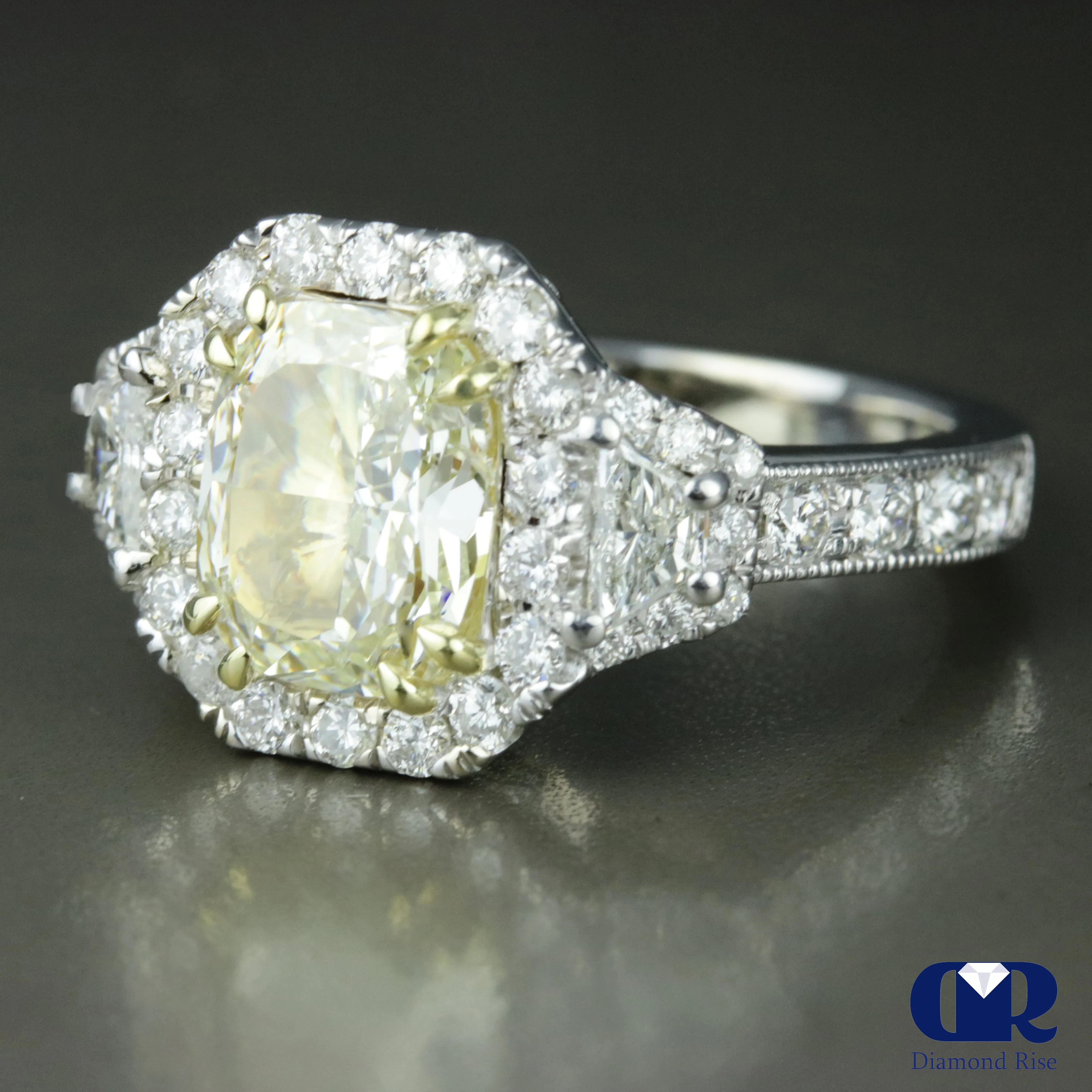 Natural 3.22 Carat Fancy Yellow Radiant Cut Halo Engagement Ring In 18K White Gold