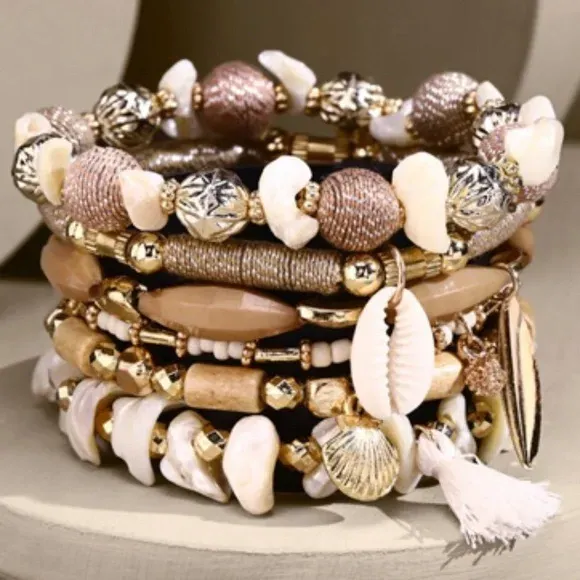 Natural 7 Layer Stackable Cowrie Shell Wood Bead Boho Beach Stretch Bracelet