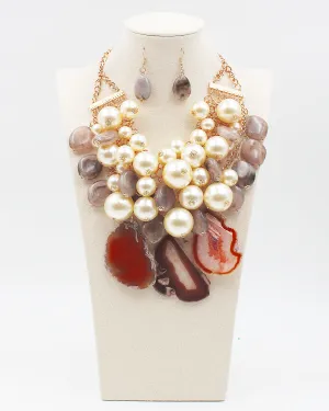 Natural Agate Stone & Pearl Beaded Statement Necklace Set