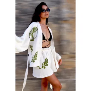 Natural Cotton Hand-Made Olive Tree Beach Kimono Kaftan Set