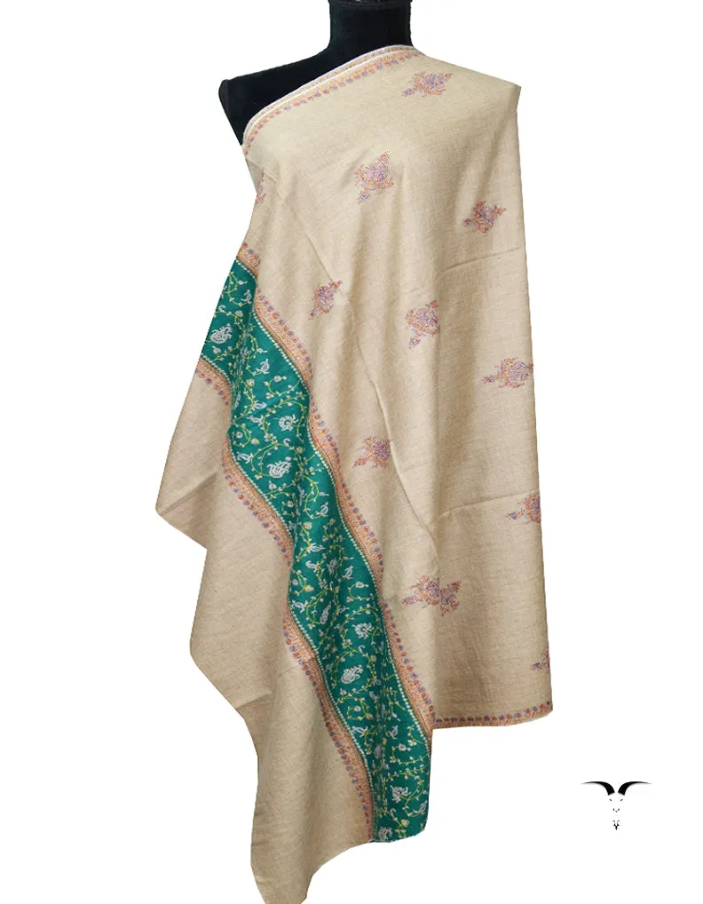 Natural Green Embroidery Pashmina Shawl 7155