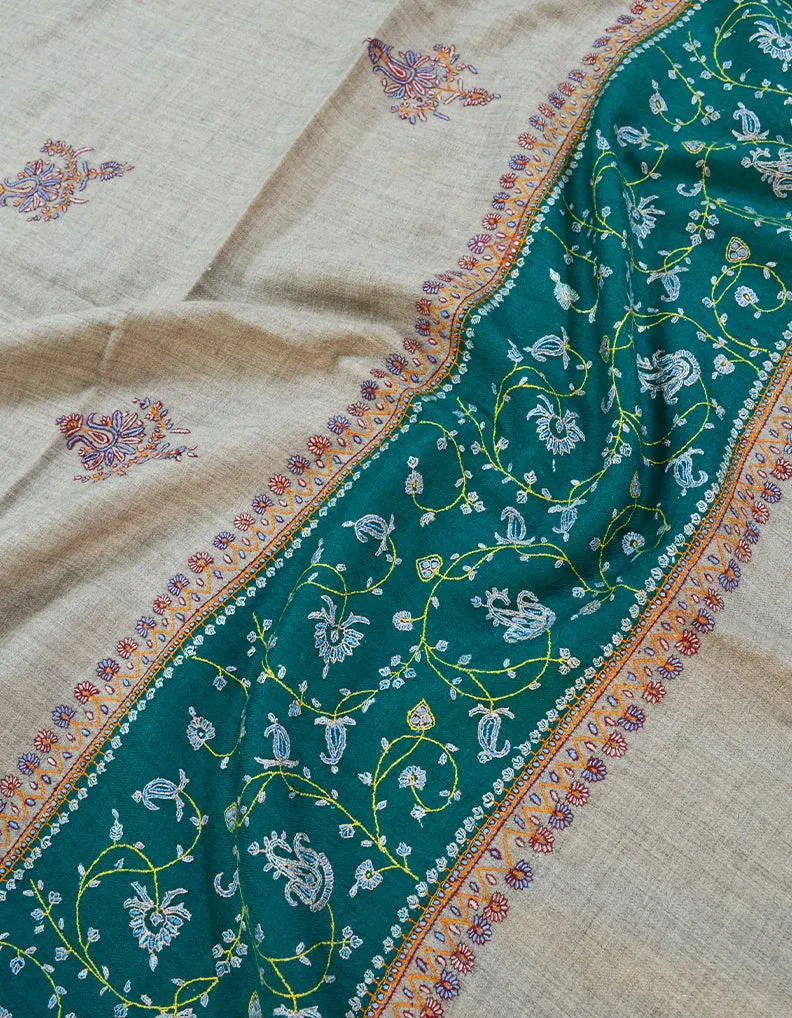 Natural Green Embroidery Pashmina Shawl 7155