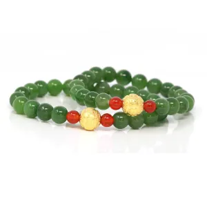 Natural Green Nephrite Jade Round Beads Bracelet 24K Pure Yellow Gold Buddha Symbol Charm( 8 mm )