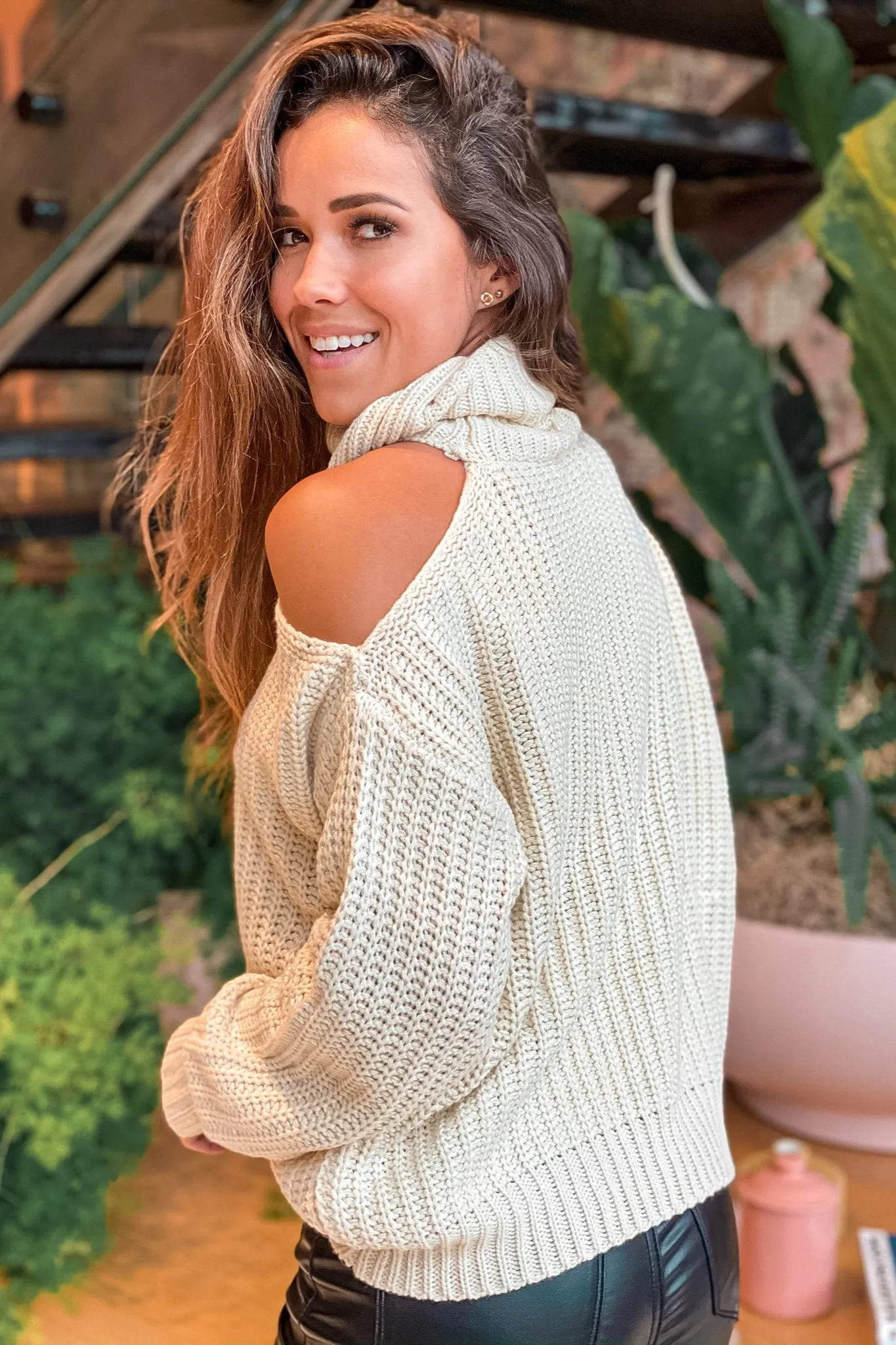 Natural Knit Turtleneck Top With Cold Shoulder