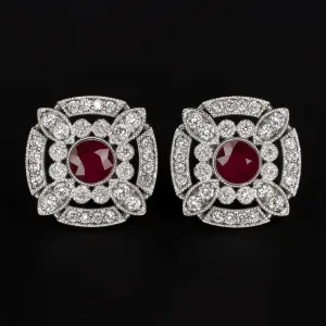 NATURAL RUBY DIAMOND STUD EARRINGS ART DECO VINTAGE STYLE 14k WHITE GOLD RED