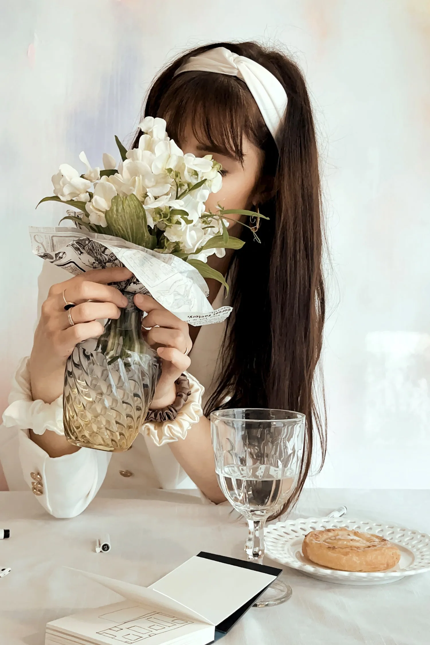 Natural silk Headband White Pearl