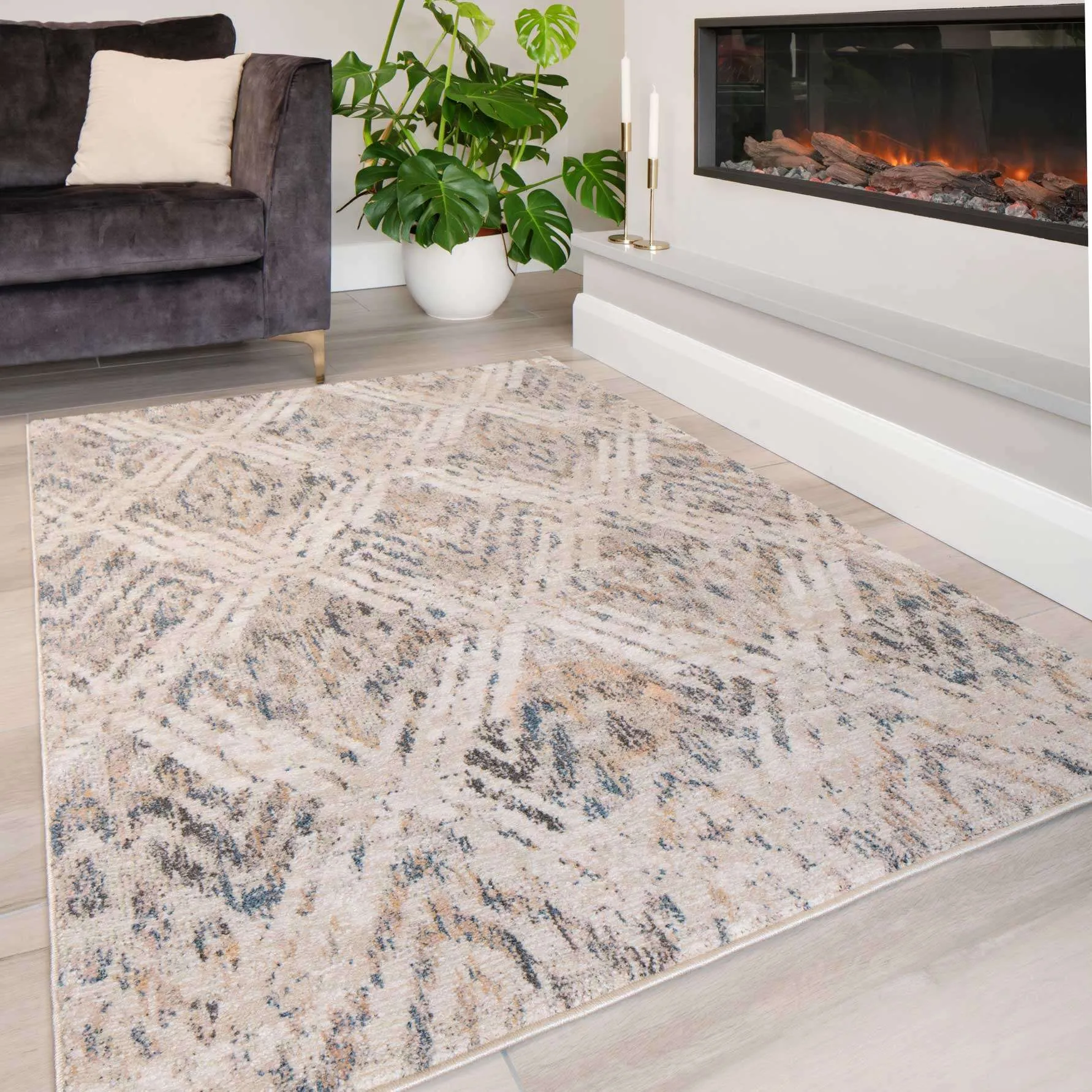 Natural Toned Diamond Living Room Rug - Warner