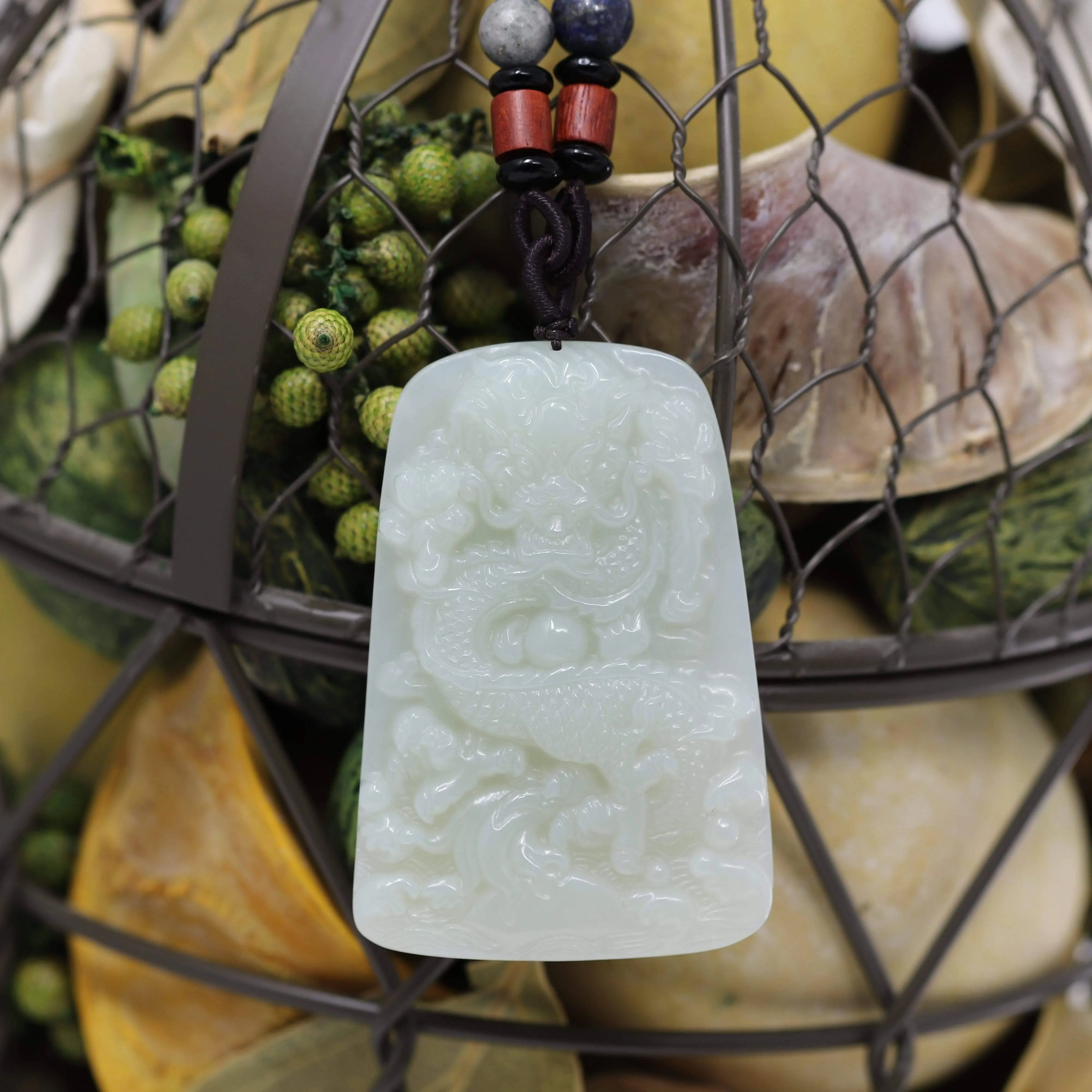 Natural White Nephrite Jade Double Dragon Pendant Necklace ( Carved Art )