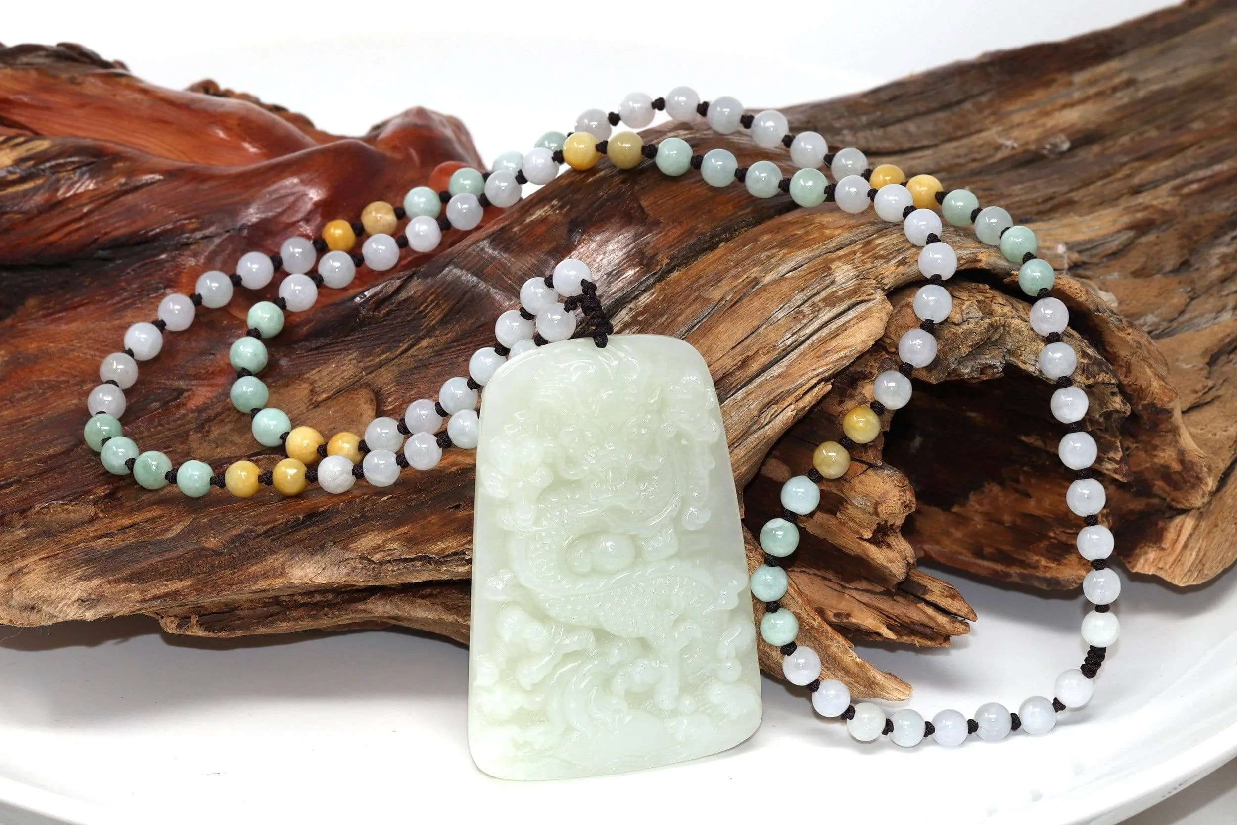 Natural White Nephrite Jade Double Dragon Pendant Necklace ( Carved Art )