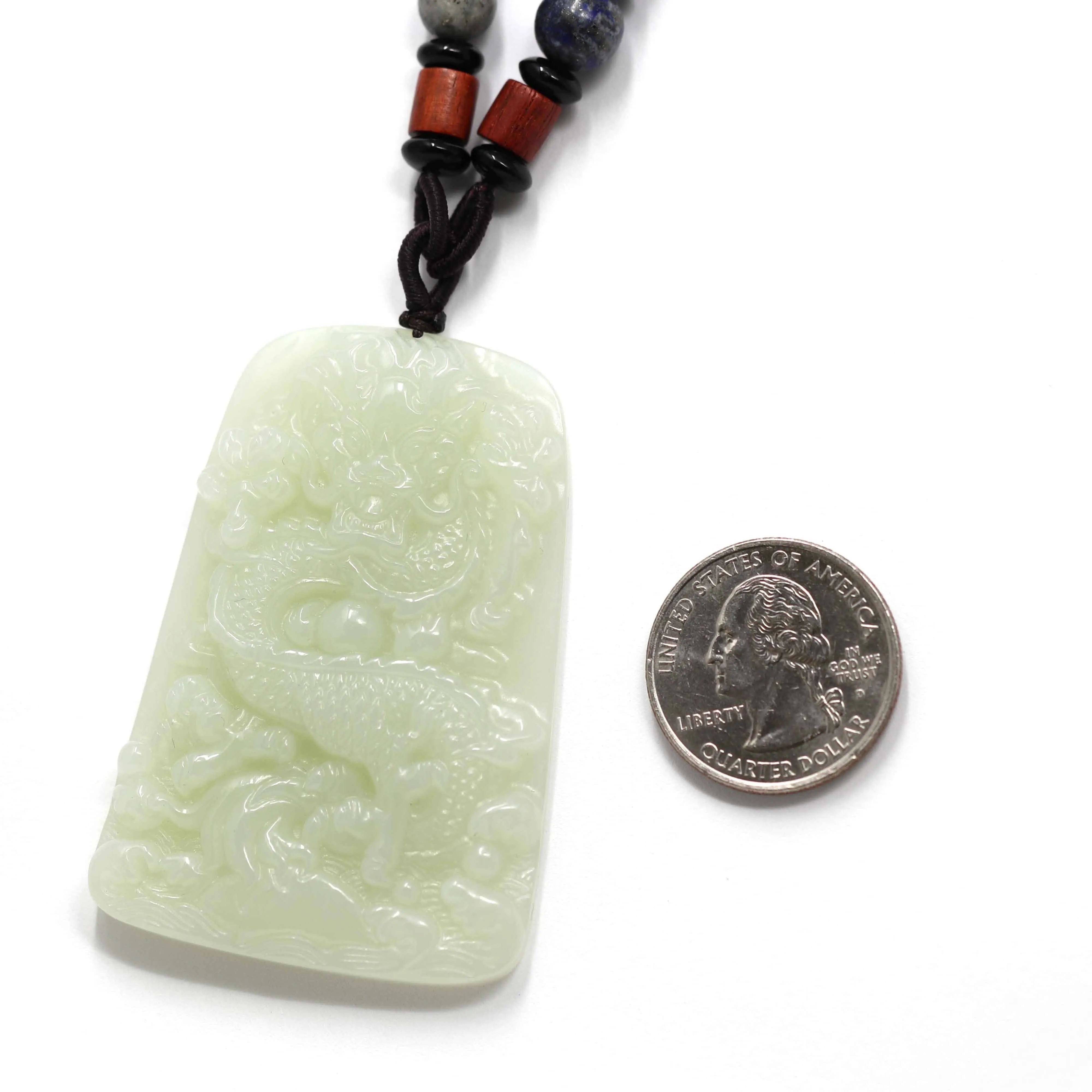 Natural White Nephrite Jade Double Dragon Pendant Necklace ( Carved Art )