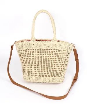 Natural Woven Straw Bag with Rugged Handles and Interior Pockets