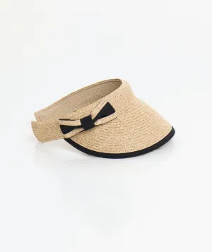 Natural/Black Straw Sun Visor with Bow Detail and Elasticated Band