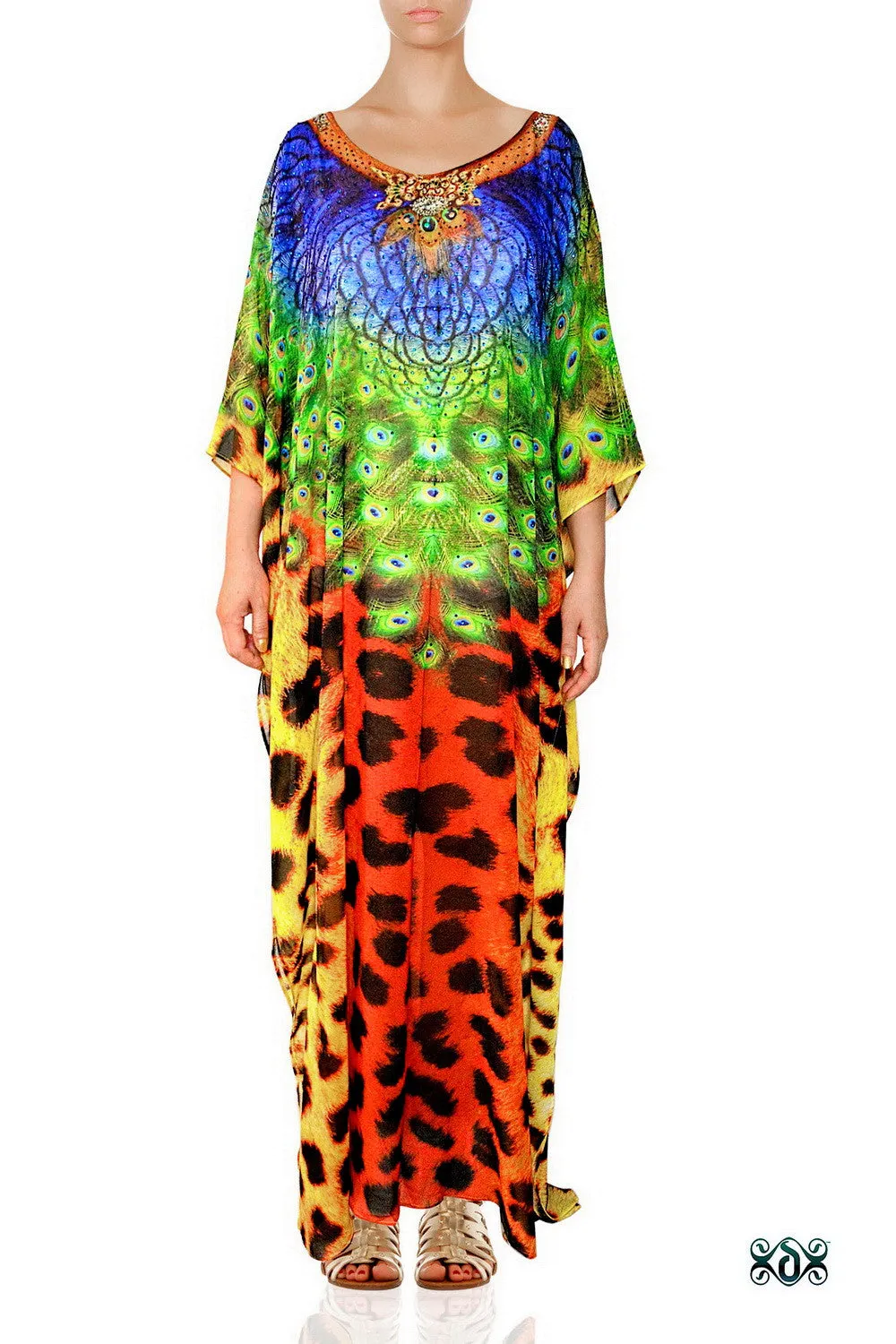 NATURE MORTE Cheetah Peacock Devarshy Animal Print Long Kaftan