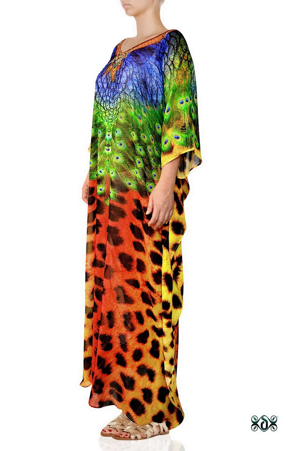 NATURE MORTE Cheetah Peacock Devarshy Animal Print Long Kaftan