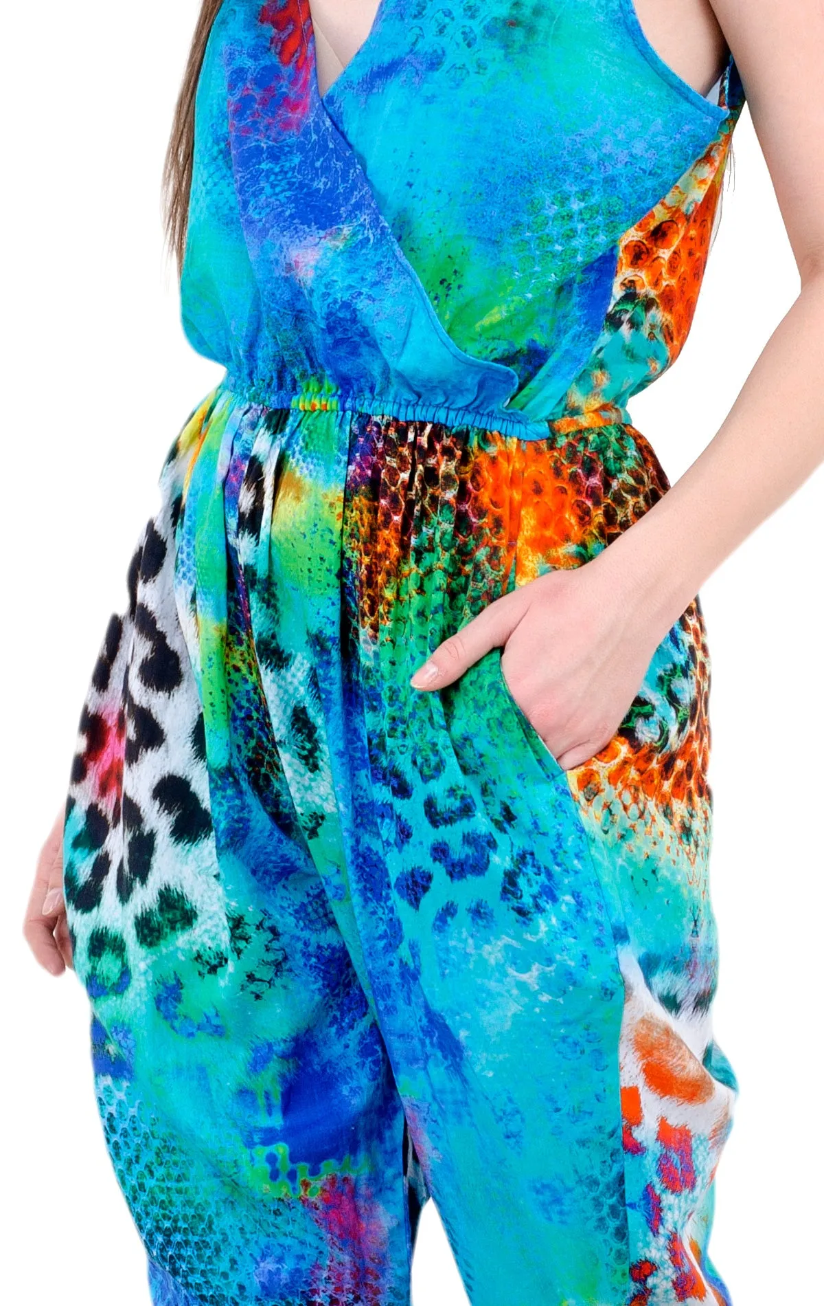 NATURE MORTE Leopard Turquoise Devarshy Elastic Waist Cotton Jumpsuit - 0013