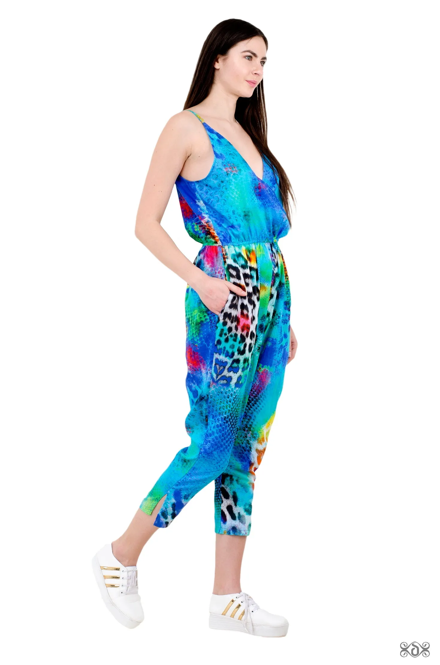 NATURE MORTE Leopard Turquoise Devarshy Elastic Waist Cotton Jumpsuit - 0013