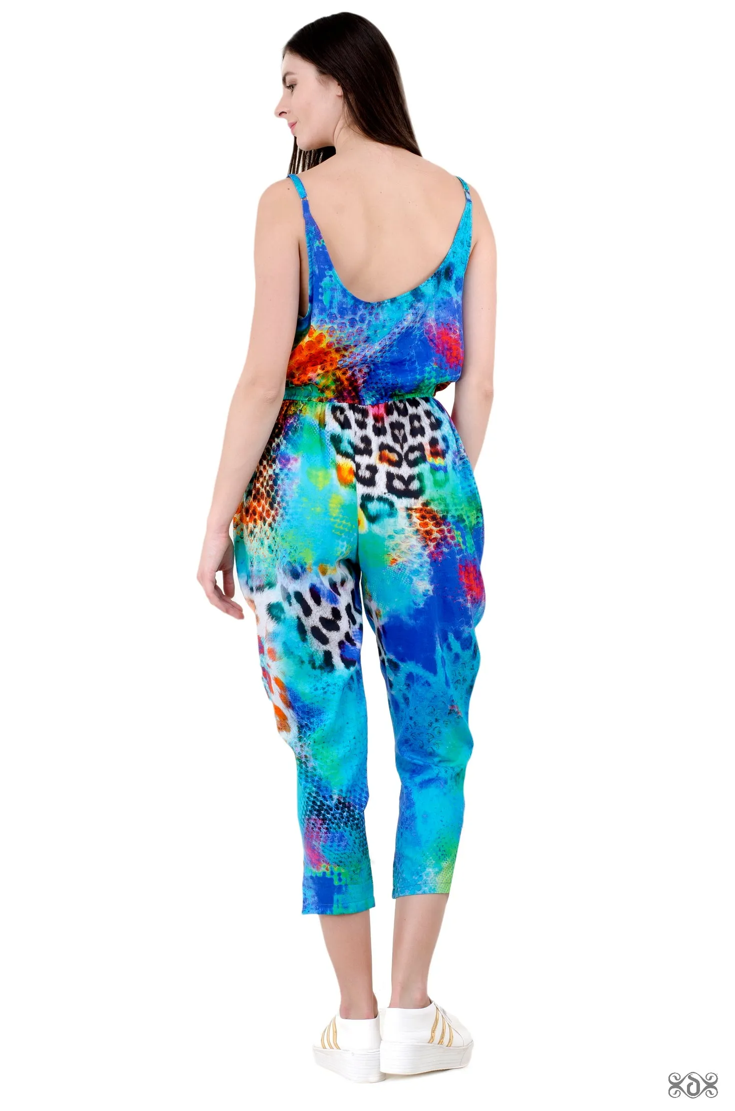 NATURE MORTE Leopard Turquoise Devarshy Elastic Waist Cotton Jumpsuit - 0013