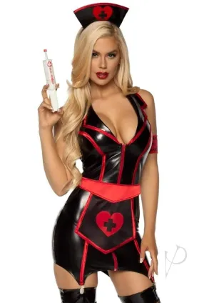 Naughty Nurse Wet Look 4pc Sm Blk/red