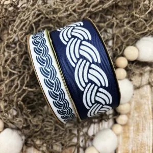 Nautical rope ribbon in navy and white printed on 5/8" and 1.5" grosgrain