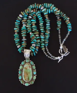 Navajo CS 13-Stone Royston Turquoise & Sterling Silver Pendant with 2 Strands of Turquoise Chip, Czech Glass and Sterling Silver