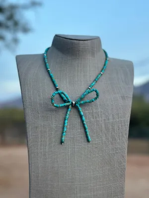 Navajo Made Sterling Silver & Turquoise  Pearl Beaded Bow Tie  Necklace 18 inches