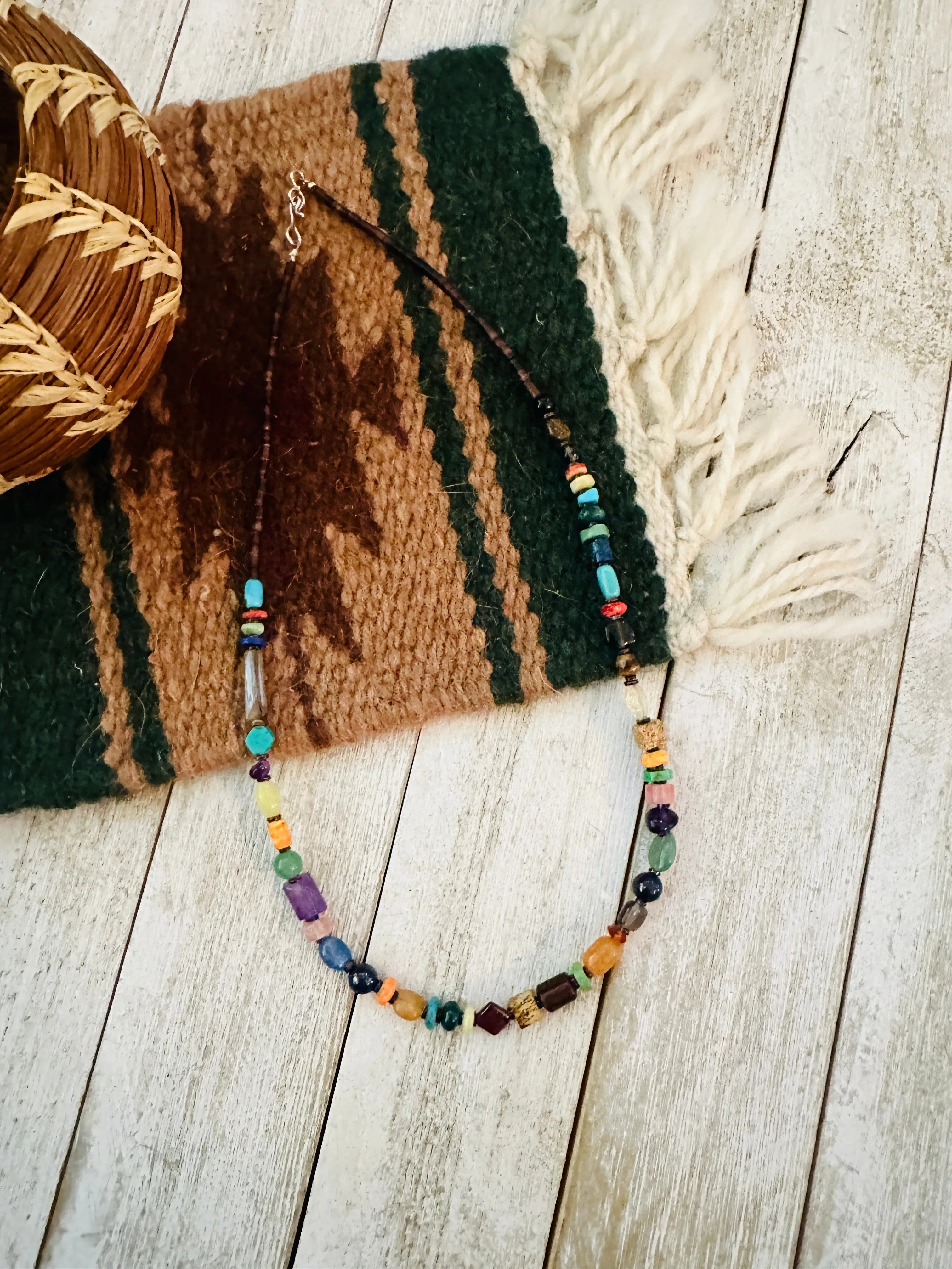 Navajo Multi Stone & Sterling Silver Beaded 18” Necklace