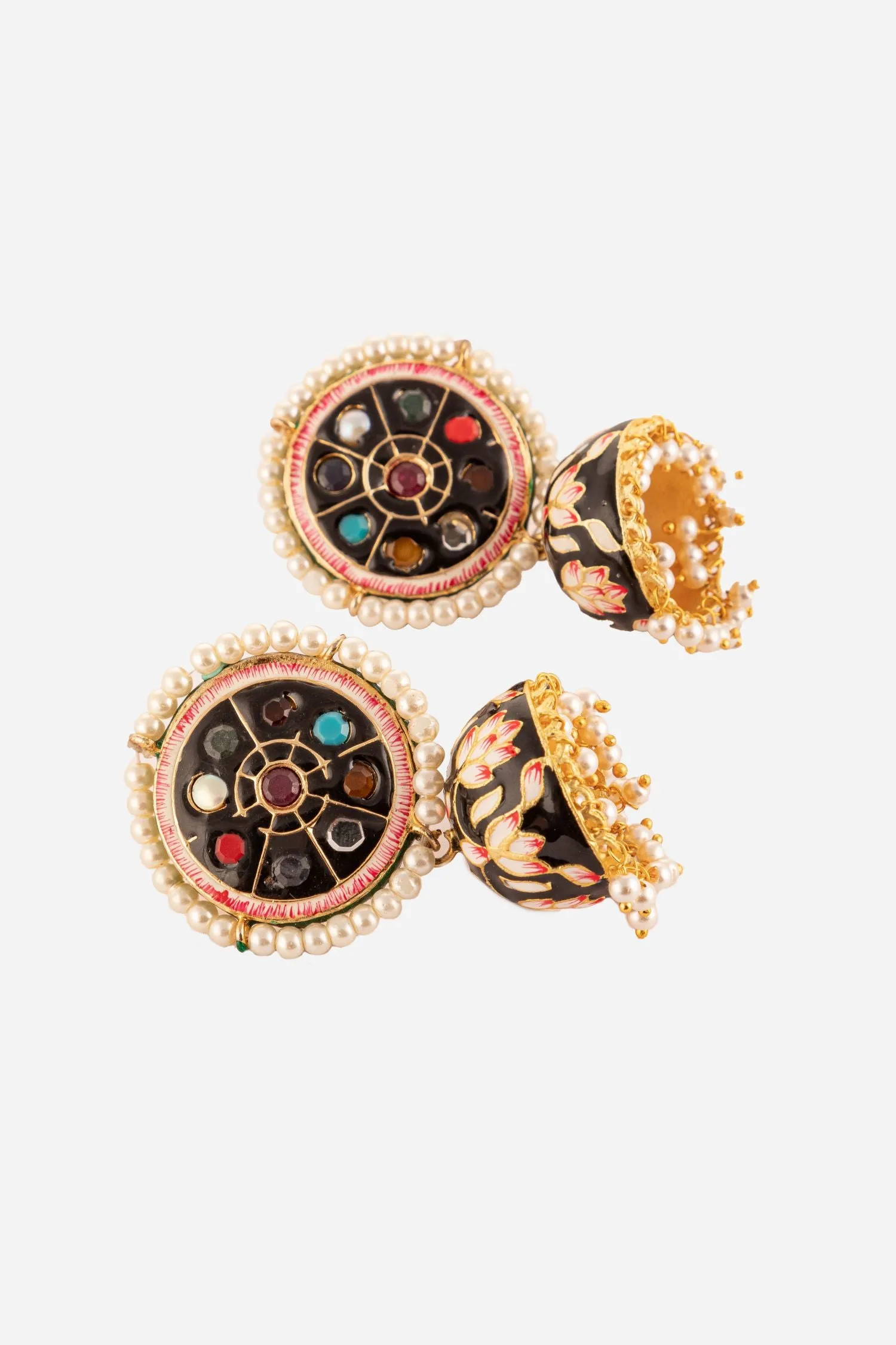 Navratan Stones With Floral Design Jhumki