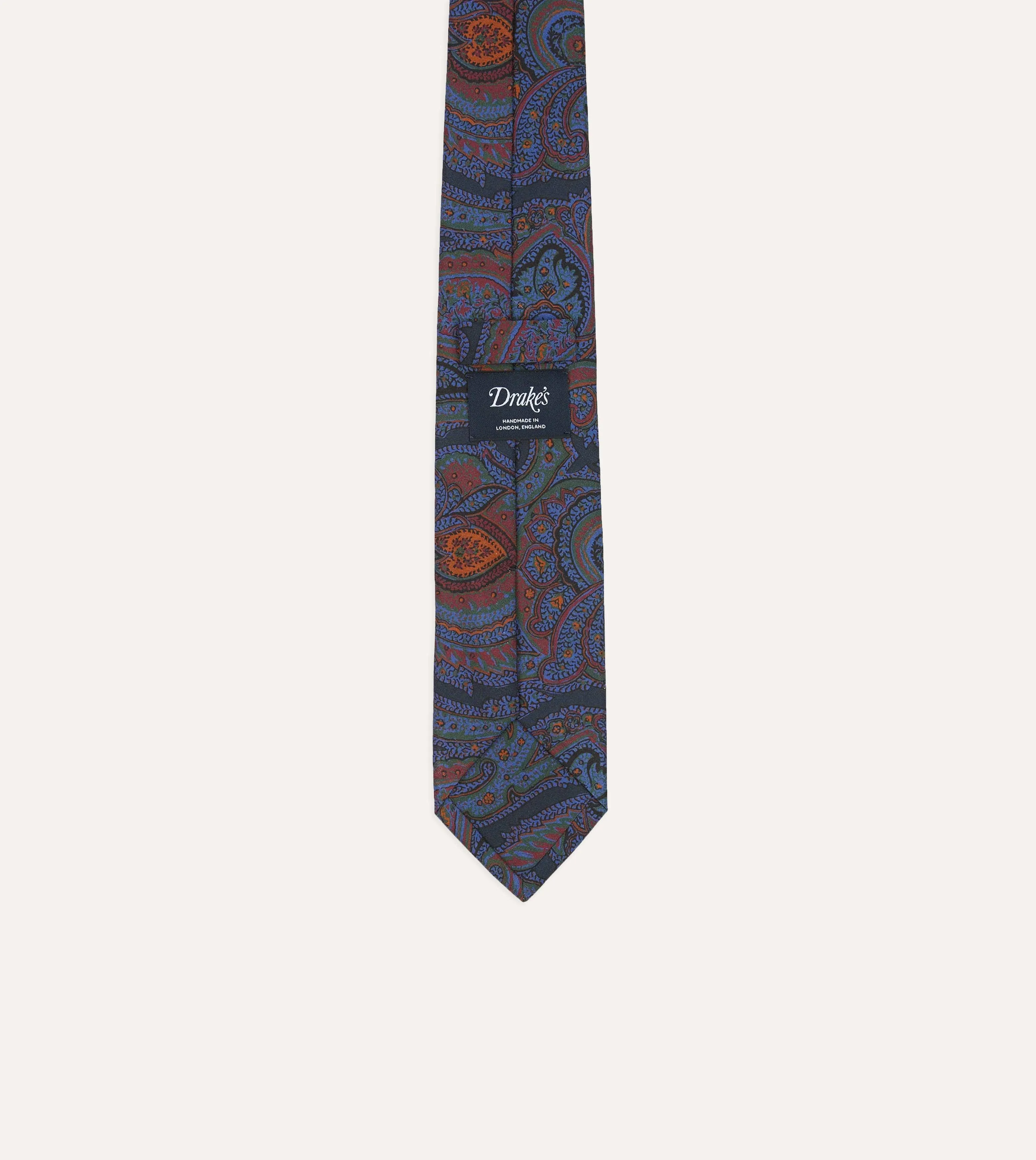 Navy Acanthus Print Silk Self Tipped Tie