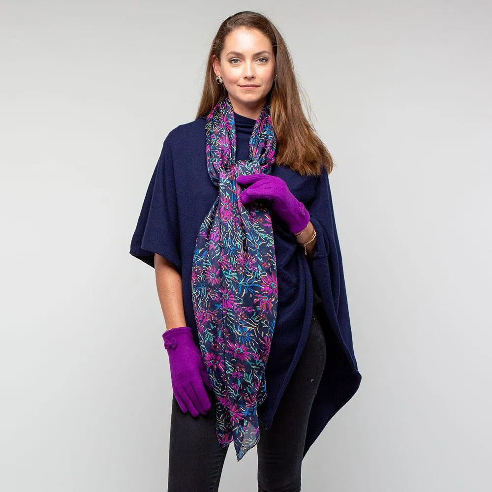 Navy & Fuchsia Firework Print Large Pure Silk Scarf