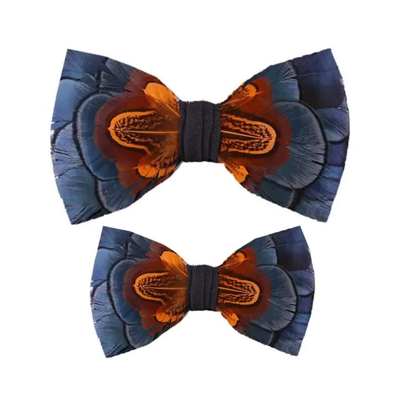 Navy & Rust Feather Bow Tie with Lapel Pin