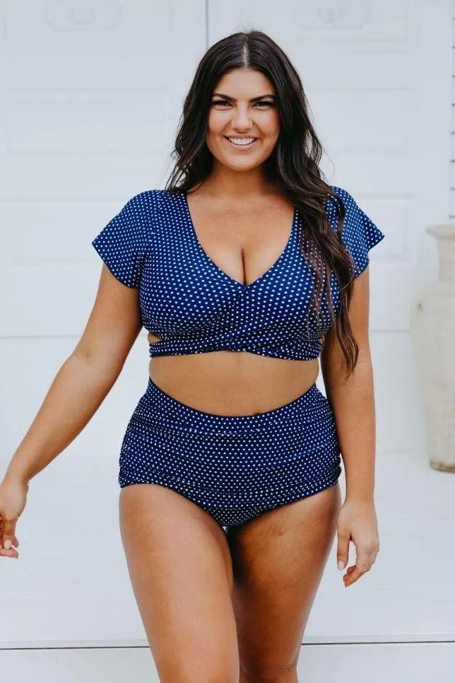 Navy & White Dots Crop Wrap Bikini Top