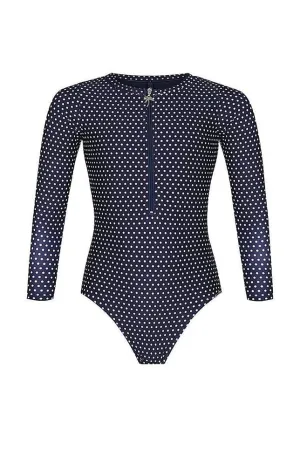 Navy & White Dots Long Sleeve Kids One Piece