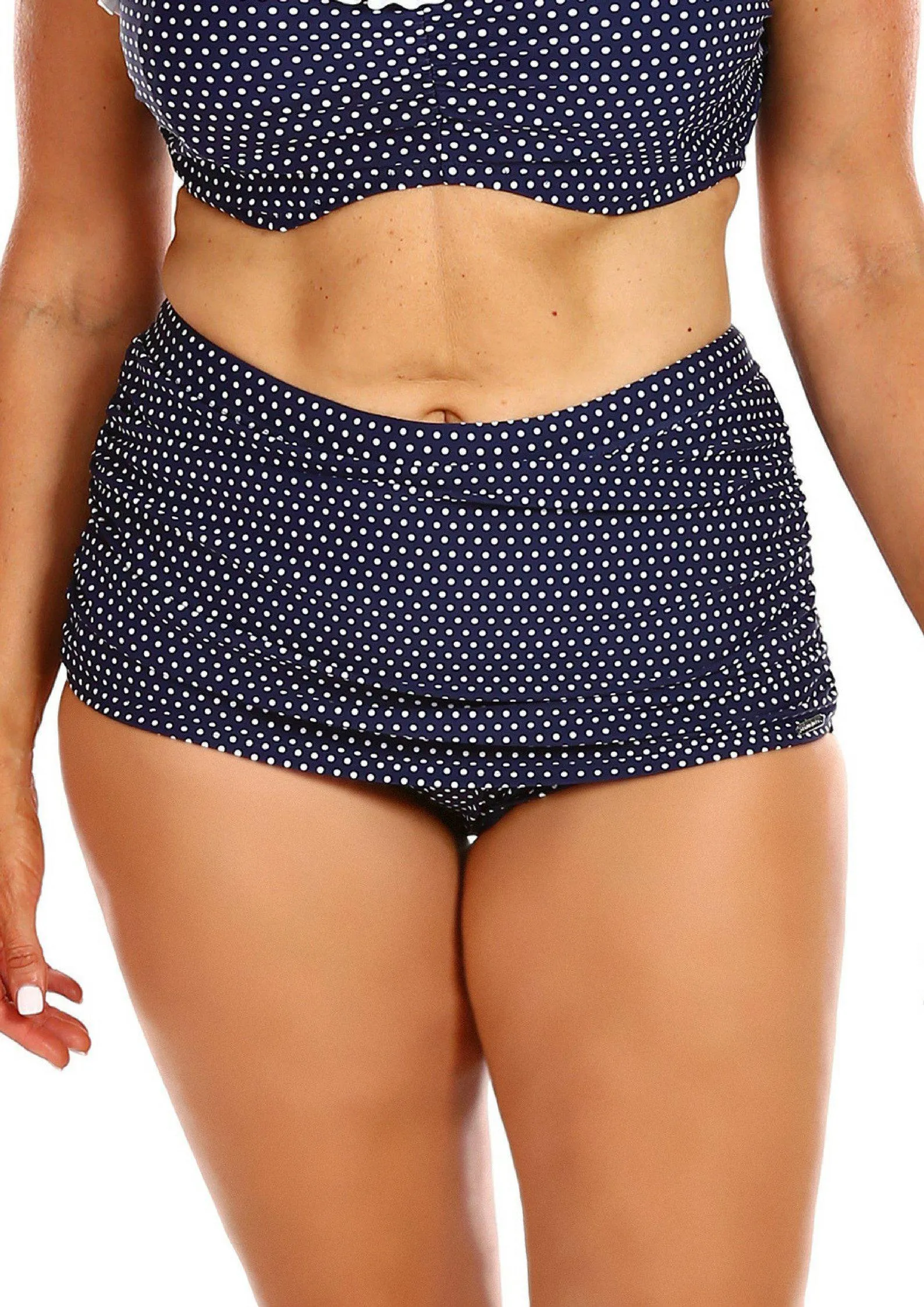 Navy & White Dots Ruched Skirted Bikini Bottoms