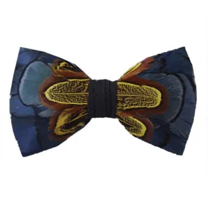 Navy & Yellow Wildness Feather Bow Tie with Lapel Pin