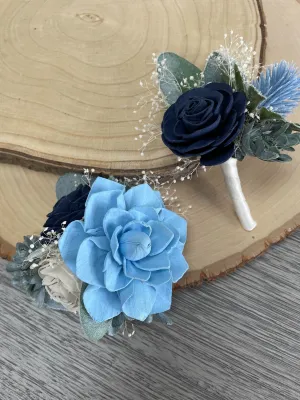 Navy and Blue Sola Flower Boutonniere and Corsage Set