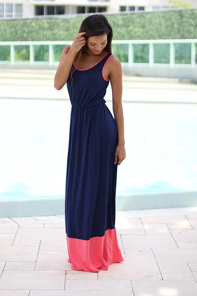 Navy and Coral Maxi Dress