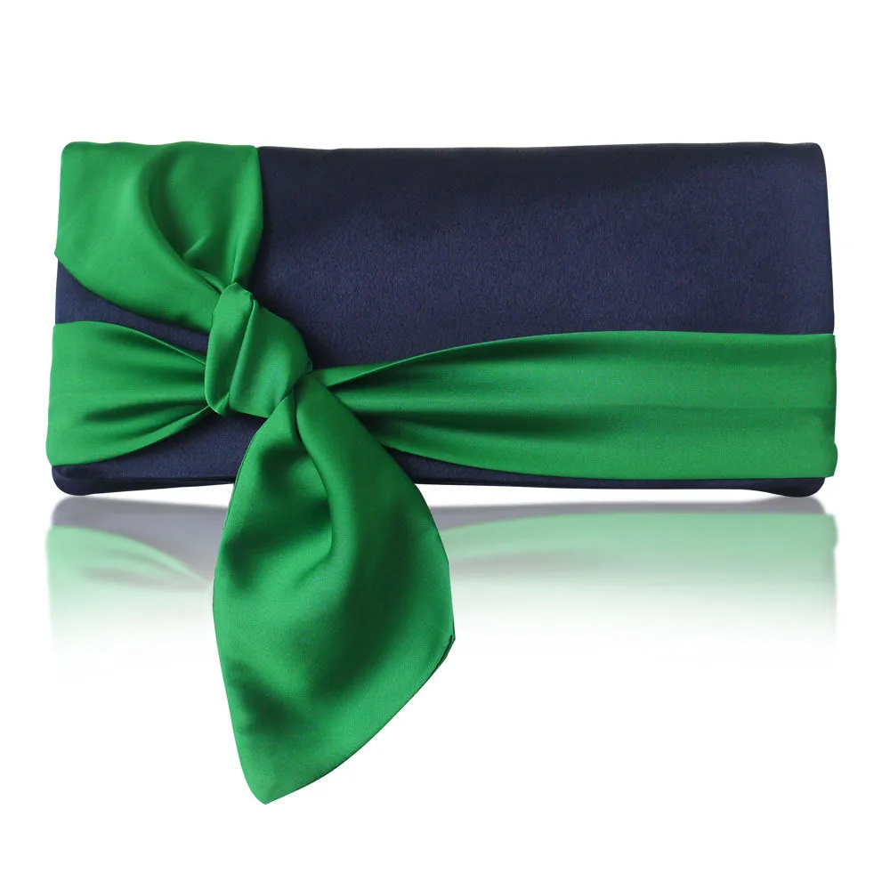 Navy and emerald satin clutch handbag PIPER