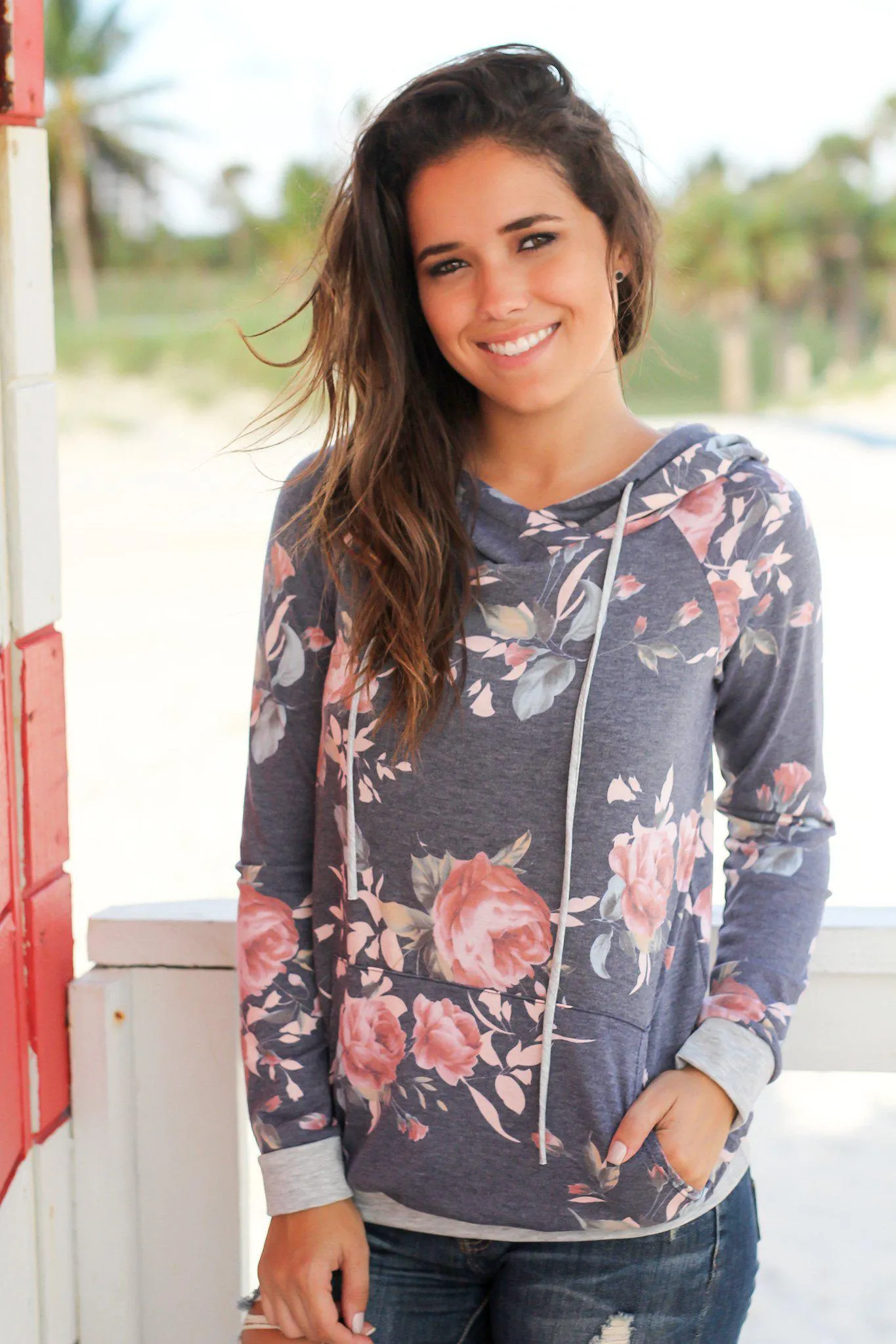 Navy and Gray Floral Hoodie