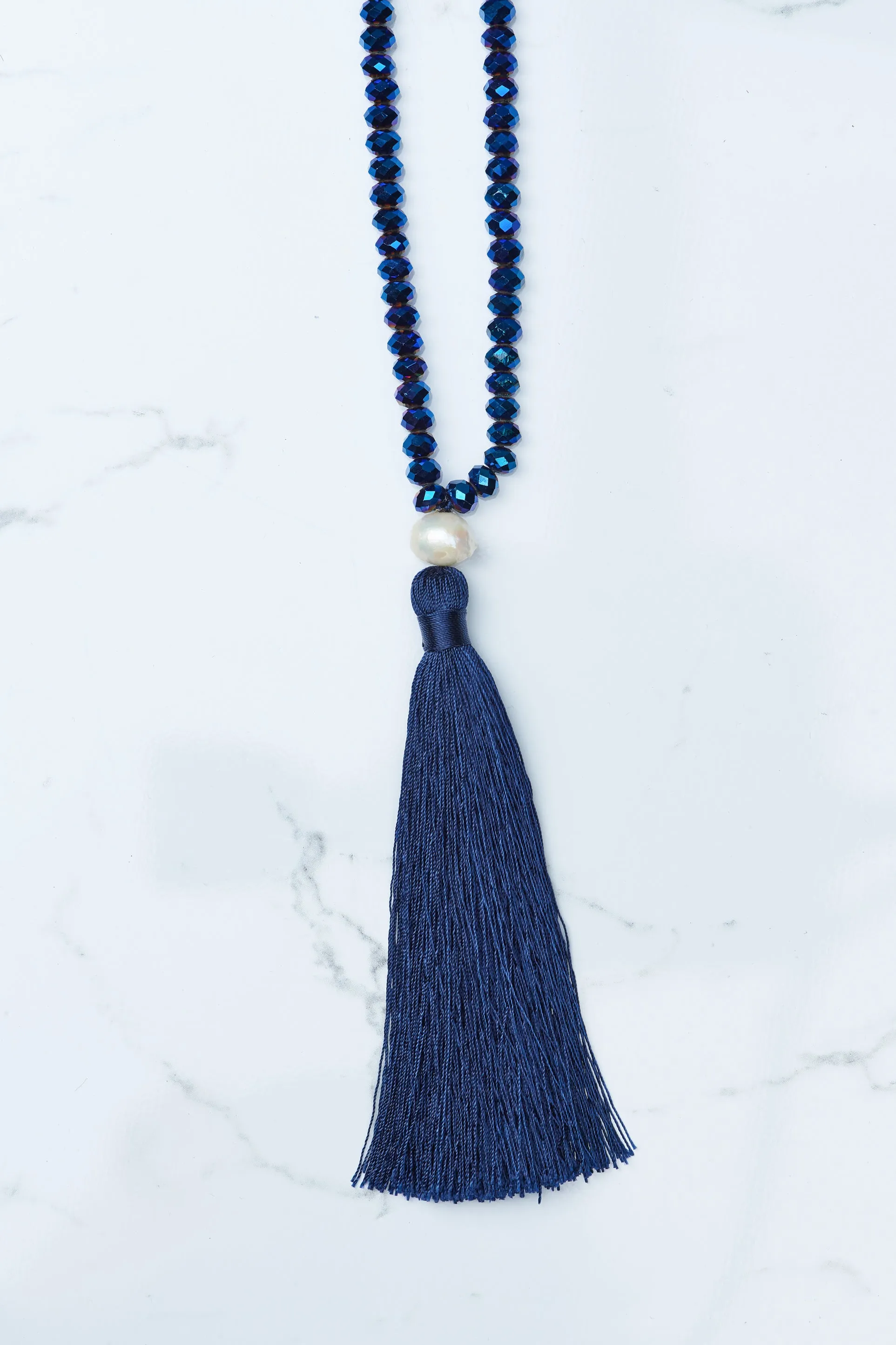 Navy Beaded Pearl Tassel Necklace