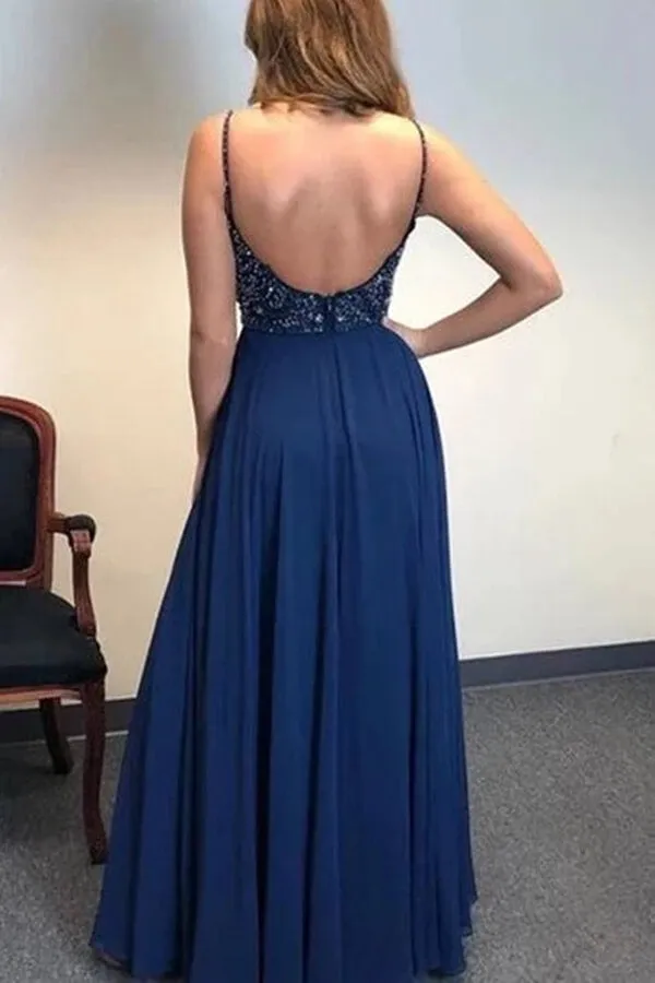 Navy Blue A-line Beaded Spaghetti Straps Prom Dresses, Long Formal Dress,evening dresses for weddings