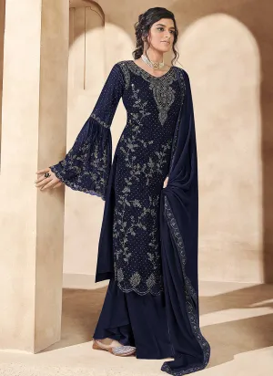 Navy Blue All Over Crystal Embroidered Palazzo Suit