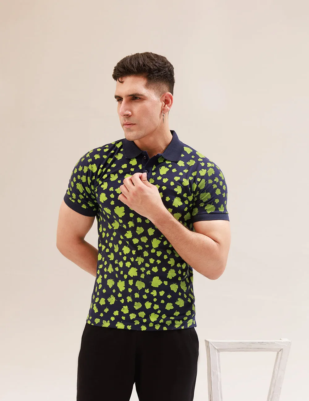 NAVY BLUE ALL-OVER PRINTED POLO SHIRT