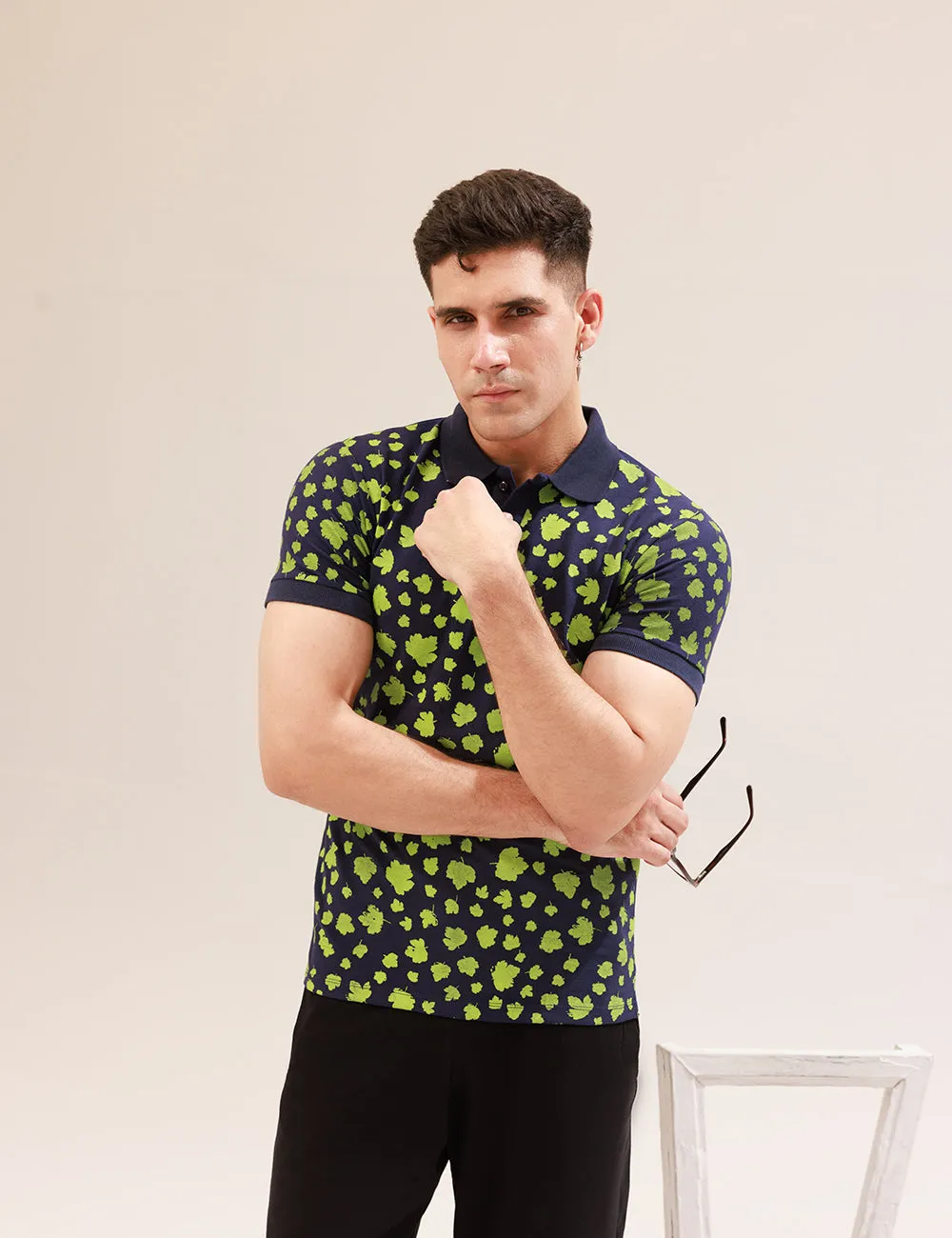 NAVY BLUE ALL-OVER PRINTED POLO SHIRT