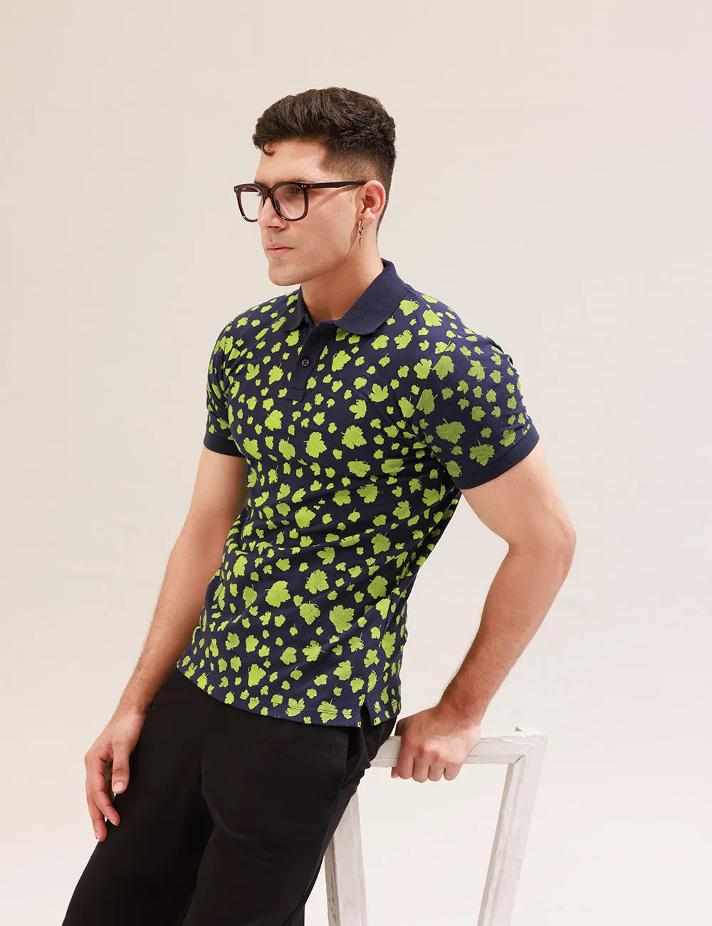 NAVY BLUE ALL-OVER PRINTED POLO SHIRT