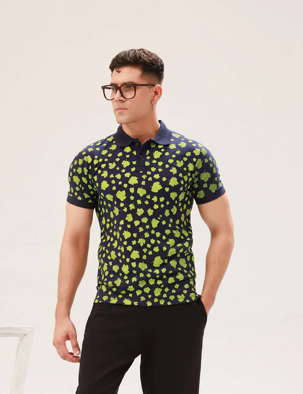 NAVY BLUE ALL-OVER PRINTED POLO SHIRT