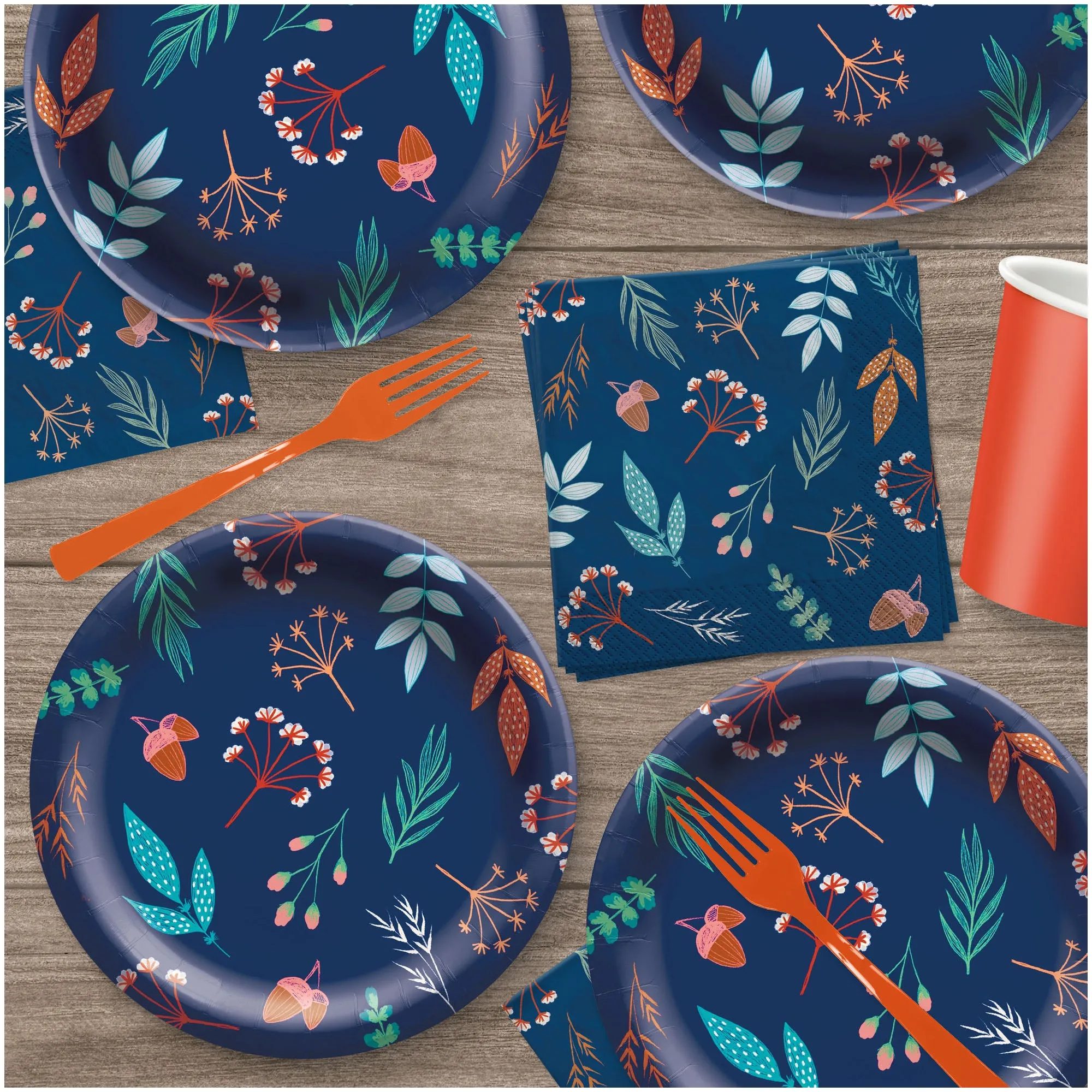 Navy Blue & Autumn Leaves Paper Dessert Plates and Beverage Napkins (Serves 20)