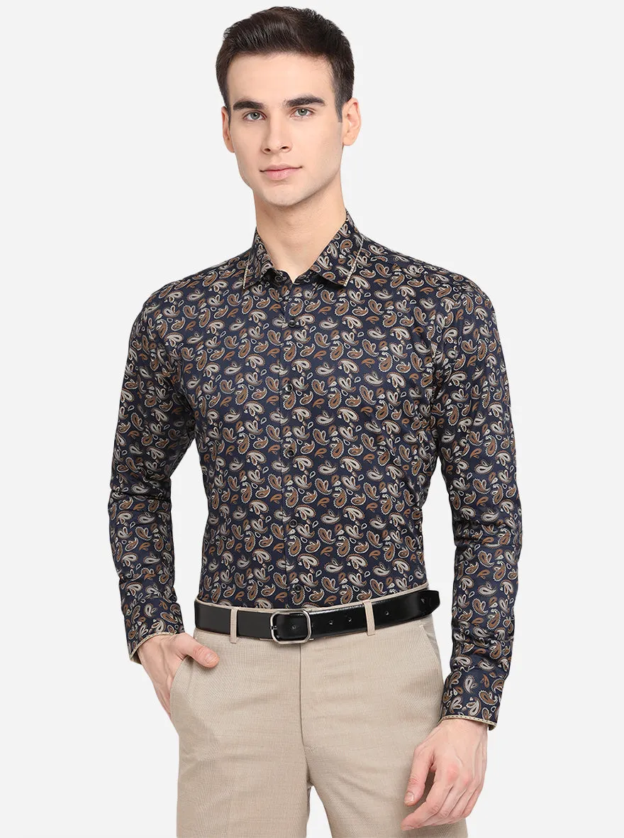 Navy Blue & Brown Printed Slim Fit Party Wear Shirt | JB Studio