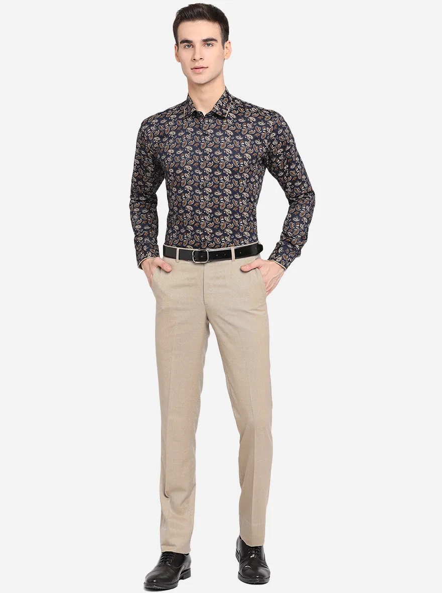 Navy Blue & Brown Printed Slim Fit Party Wear Shirt | JB Studio