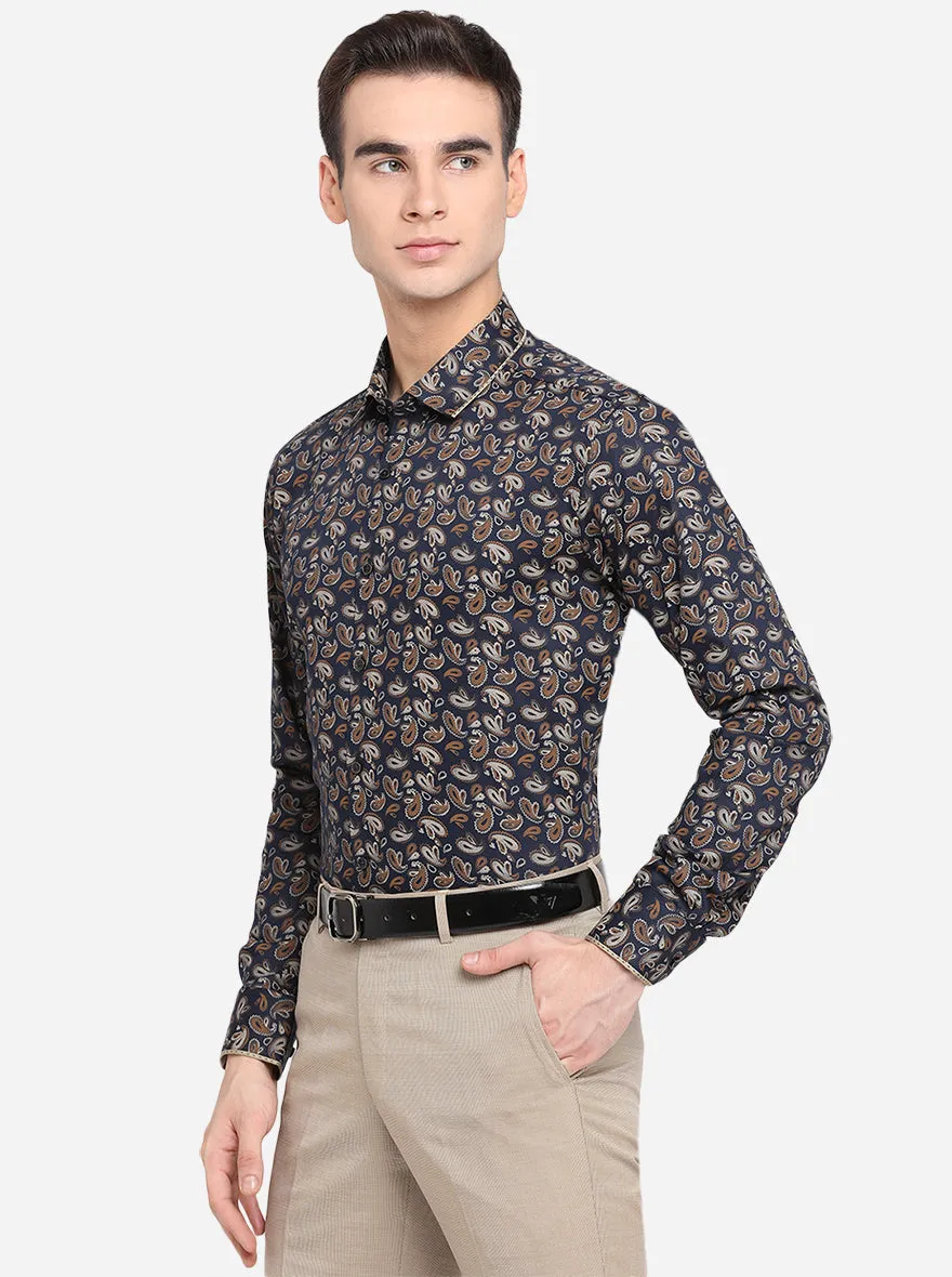 Navy Blue & Brown Printed Slim Fit Party Wear Shirt | JB Studio